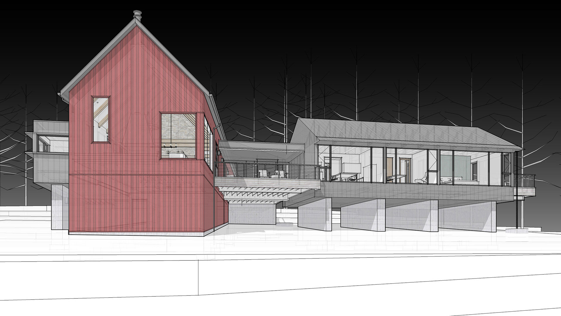 3D perspective render showing the elevated concrete pier foundation supporting a cantilevered modern home on a sloped site by WERK.